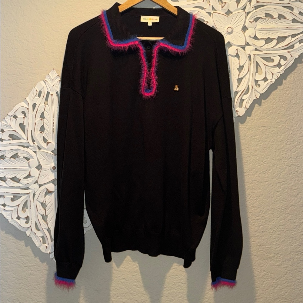 Teddy Fresh Unisex Polo Sweater with Pink and Blue Trim
